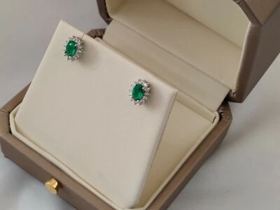 White gold finish green emerald oval cut and created diamond earrings free post - Image 1 of 4