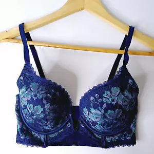 Bras N Things Bra 10DD Blue Longline Moulded Cup Underwire Padded Lace Trim - Picture 1 of 10