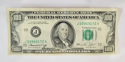 1974 One Hundred Dollar Bill $100, Federal Reserve Note, Serial # J09969172A - Image 1 of 2