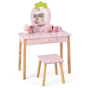 Kids Vanity Set Makeup Table Stool Mirror 2-In-1 Wooden Single Drawer Desk Pink - Picture 1 of 12