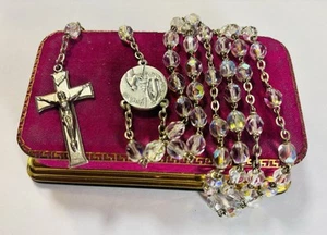 VINTAGE RELIGIÖS AURORA BOREALIS KRISTALL PERLE LOURDES 22" ROSENKRANZ ITALIEN KATHOLISCH - Bild 1 von 12