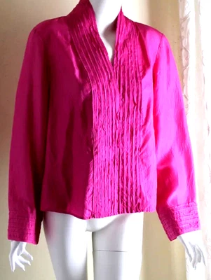 Blusa Top J.jill Talla M ROSA BRILLANTE 100 % Seda Cruda Pintuck Plisada LS Snap Foto 1 de 4