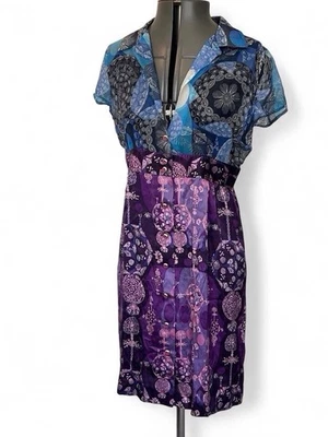 Custo Barcelona Seda Satén Retro Estampado Camisa Patchwork Vestido Se Ajusta UK8-10 Boho  Foto 1 de 4