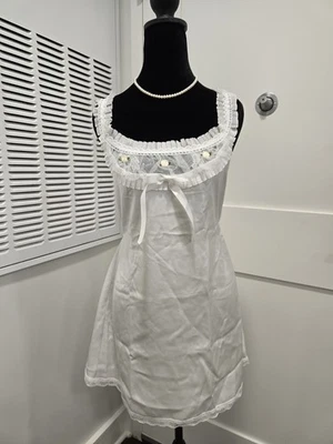 White Satin Lace Babydoll Slip Dress Vintage Y2K Nightgown Cottagecore Style - Image 1 of 4