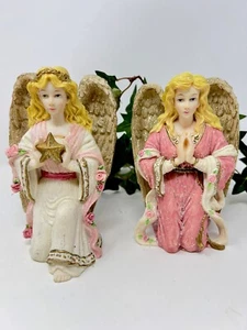 2- Praying Angel Kneeling Glittered Pink And Gold Holiday Collectible Home Decor - Picture 1 of 15