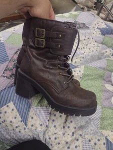 Vtg 90s Mudd Brown "Mighty" Chunky Combat Boots Buckles Womens Size 8M - Picture 1 of 12