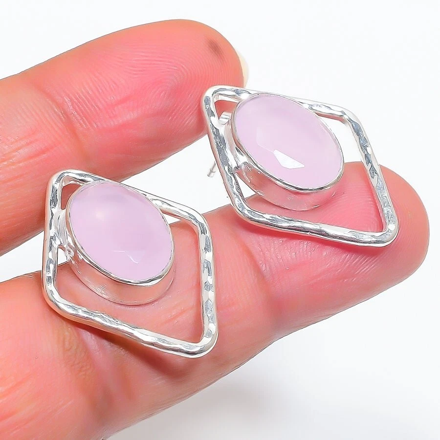 Pink Rose Quartz Gemstone 925 Sterling Silver Jewelry Stud Earrings Size 0.75" - Imagem 1 de 1