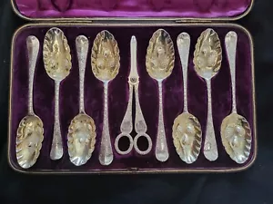 Georgian English Sterling Silver Berry Spoon And Grape Shear Set - Picture 1 of 16