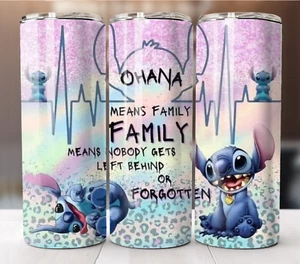 20oz Insulated Tumbler with Straw Stainless Steel Mug Ohana Means Family Stitch - Picture 1 of 8