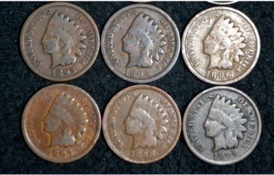 1893 to 1899 Indian Head Cent run of 6 consecutive dates except 1894 ** FREE S/H - Image 1 of 2