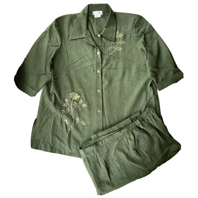 Terno Pride & Joy tamanho 10 jaqueta calça 2 peças verde floral bordado casual feminino - Imagem 1 de 4