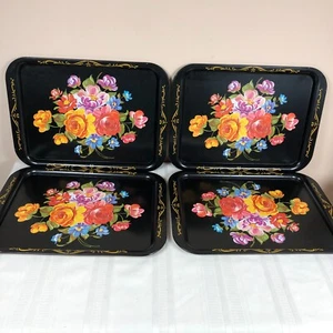 Vintage handbemalt schwarz Blumen Toleware Tablett Rosen 17 x 12 MCM Lot 4 - Bild 1 von 7