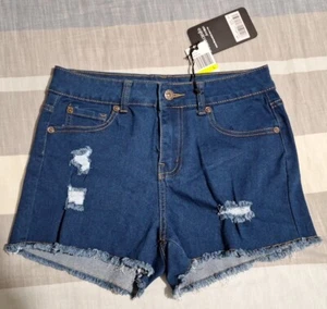 Diamante Blue Jean Cut-off Short Shorts Womens L Large Stretchy Distressed NWT - Picture 1 of 8
