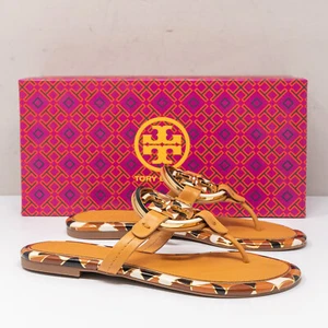 Tory Burch Enamel Logo Miller Elba Camello Leather Thong Sandals, Size 6 M - Picture 1 of 8