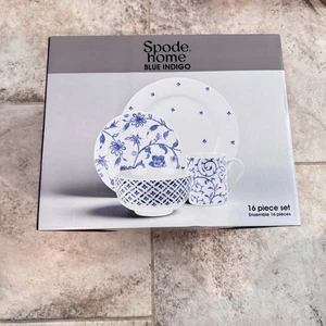 Spode Vintage Denim Floral 16pc White Blue Indigo NIB $160 Plates Cups Bowls - Picture 1 of 4