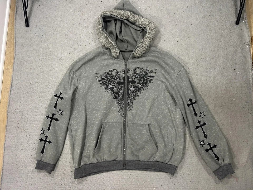 Sudadera con Capucha Y2K Para Mujer XL Gris Imitación Piel Cruces Cuentas Alas Estrellas Grunge Gótico Punk Foto 1 de 4