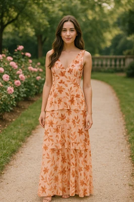 ML Monique Lhuillier Maxi Dress 6 Peach Floral Tiered Ruffle Feminine Romantic - Image 1 of 4