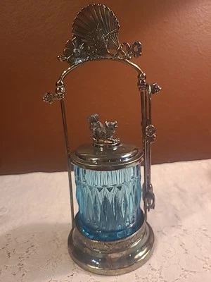 Pinça de cachorro antiga vitoriana Great Eastern Silver Co. Pickle Rodícino azul brilha! - Imagem 1 de 4