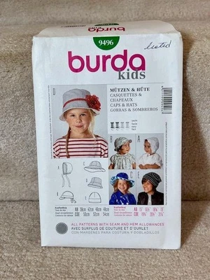 Burda Kids Sewing Pattern 9496 Girls Caps Hats Uncut FF - Image 1 of 3
