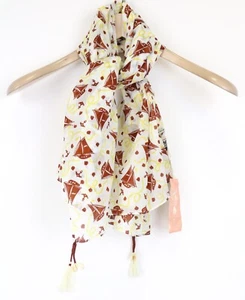 MAISON SCOTCH Women Scarf One Size White Pure Cotton Sailboat Print Tassels - Picture 1 of 5