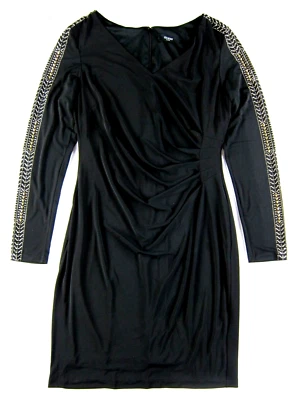 Vestido Vaina GUESS Negro Elástico Ruche Plateado Tachonado Cuentas Cuello Manga Larga L Foto 1 de 4