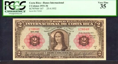 COSTA RICA P167 FAMOSA "MONA LISA" 1932 2 COLONES GRADUADO GRADUACIÓN PROFESIONAL 35! Da Vinci Foto 1 de 3