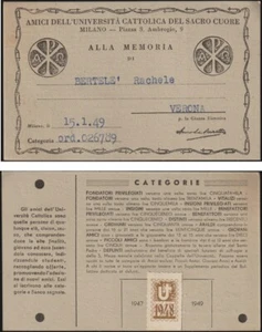 TESSERA AMICI DELL' UNIVERSITA' CATTOLICA DEL SACRO CUORE MILANO 1949 - Picture 1 of 1