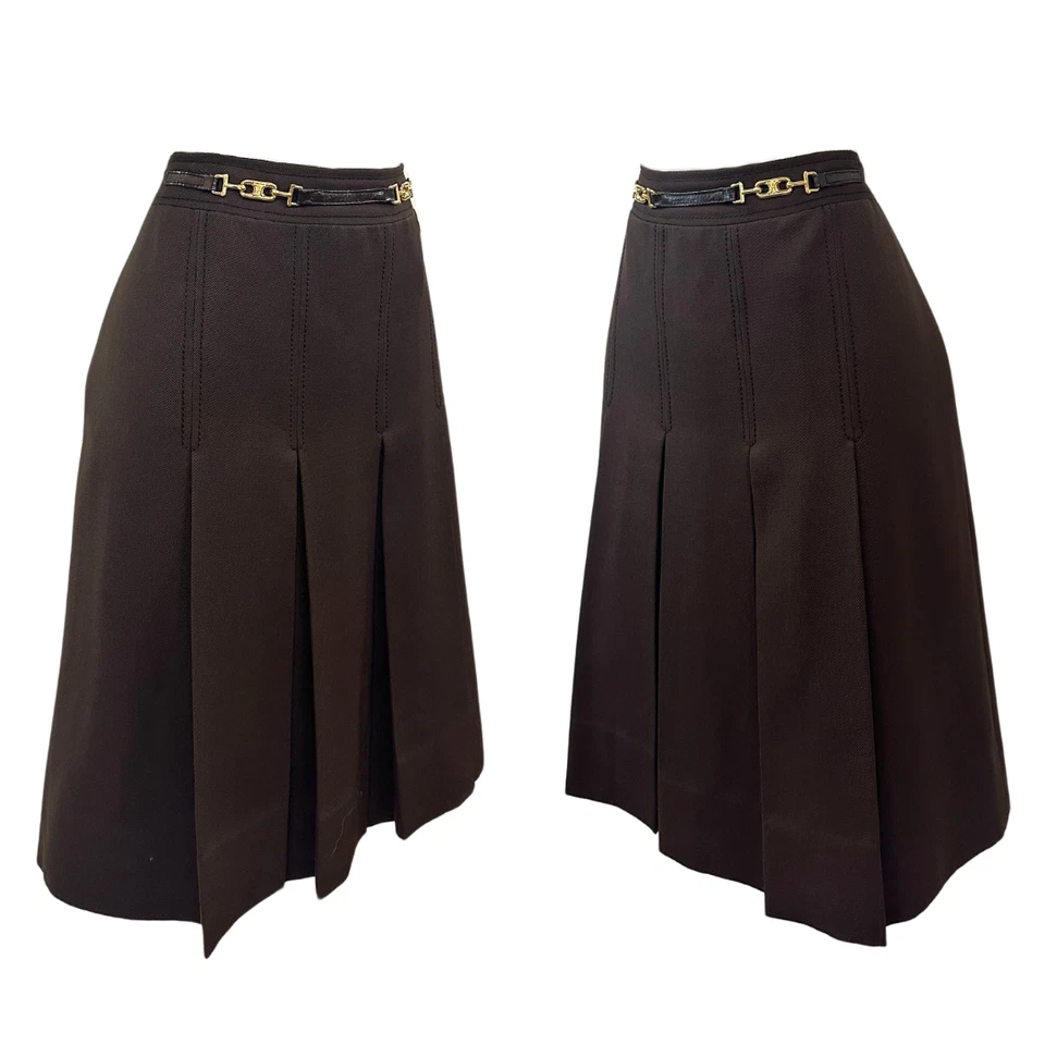 Vintage Celine 70s Wool Horsebit Brown Pleated Skirt - Image 1 of 4