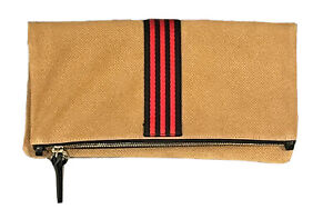 CLARE V Perforated Suede Leather Stripe Foldover Clutch Bag Camel