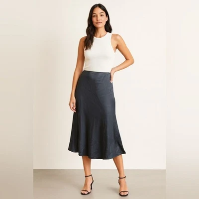 Falda midi Eileen Fisher 100 % seda ajustada y acampanada azul talla XL Foto 1 de 4