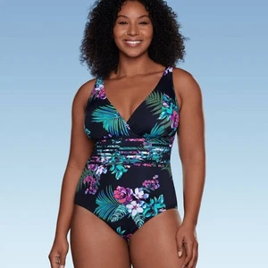 Aqua Green Women's One Piece Swimsuit Swimwear Black Floral Waist - Picture 1 of 33