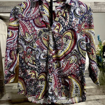 Dana Buchman Women’s Yellow/blue/red Paisley 3/4 Sleeve Button Up Blouse Sz Sm - Image 1 of 4