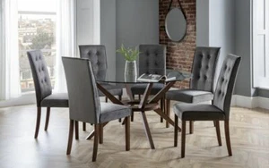 Round 140cm Glass Top Walnut Effect Dining Table & 6 Grey Velvet Chairs CARNEGIE - Picture 1 of 11