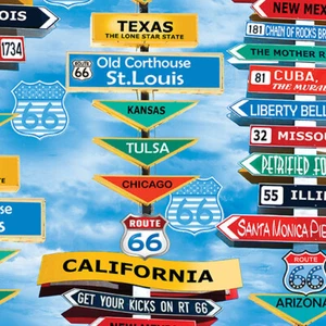 AMERICA'S HIGHWAY ROUTE 66 DESTINATION SIGNS ON BLUE BY BENARTEX FABRIC HY - Picture 1 of 2
