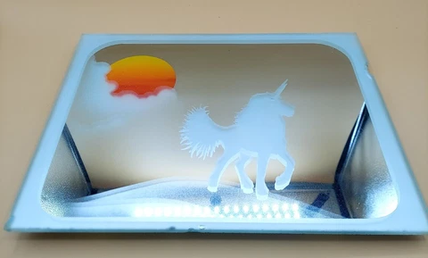 Vintage 12"  Art Unicorn & Sun Painted Mirror wall art frosted glass wall mount Cover
