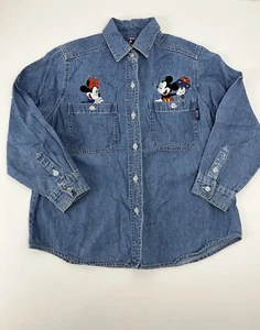 Vtg Mickey & Minnie Denim Pocket Button Up Longsleeve Embroidered Disney Kids 10 - Picture 1 of 10