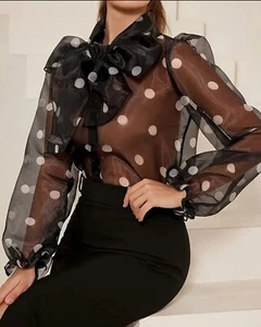 Sheer Black Long Sleeve Polka Dot Pussybow Blouse. 46"/48" bust. New Size 20/22. - Picture 1 of 5