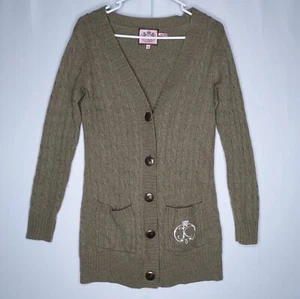 Juicy Couture Cashmere Wool Cardigan Medium Jr Green Cableknit Pocket Button Y2K - Picture 1 of 8