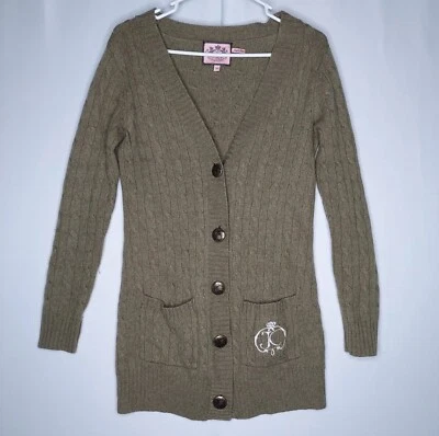 Juicy Couture Cashmere Wool Cardigan Medium Jr Green Cableknit Pocket Button Y2K - Image 1 of 4