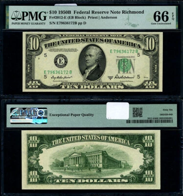 FR. 2012 E $10 1950-B Federal Reserve Note Richmond E-A Block Gem PMG CU66 EPQ - Image 1 of 3