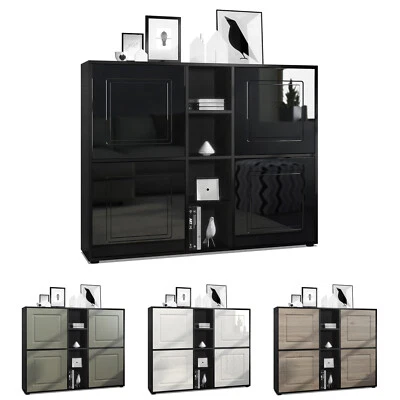 Highboard Sideboard Kommode Schrank Landhaus NOAH V3 Schwarz Hochglanz&Naturtöne - Bild 1 von 3