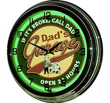 DAD'S GARAGE Open 24 Hours Sign 17" Green Neon Clock Man Cave Muscle Car