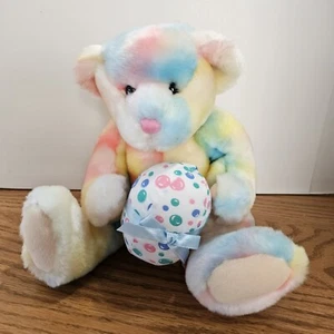 Vintage Maus im Haus Spielzeug Teddybär Plüsch Pastell Regenbogen Batik mit Ei - Bild 1 von 5