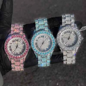 Unisex Lab Diamond Watch Iced Roman Round Dial Quartz Movement Hip Hop Style - Picture 1 of 7