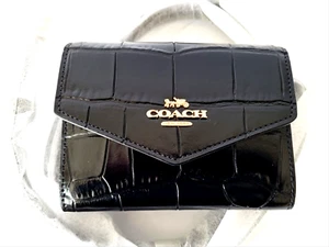 Coach CU175 Mini Croc Black Leather Envelope Wallet W/ Strap Crossbody NEW🎀NWT - Picture 1 of 19