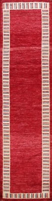 Contemporary Bordered Gabbeh Oriental Runner Rug Hand-Knotted Wool 3x10 Carpet - Image 1 of 4