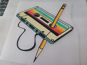 Retro Cassette Tape and Pencil funny shirt/tote iron-on transfer (9 x 7-inches) - Picture 1 of 3