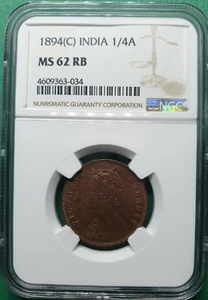 1894(C) BRITISH INDIA 1/4 ANNA VICTORIA EMPRESS COPPER  NGC MS 62 RB - Picture 1 of 2