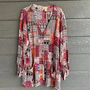 Islander Womens Patchwork 3X Button Up Top Pockets Flowy Artsy Lagenlook Beachy - Picture 1 of 5