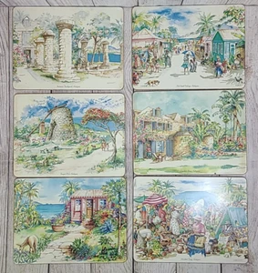 Vintage Antigua Cork Backed Placemats Set of 6 G. Gobinet 9" x 12" - Picture 1 of 21